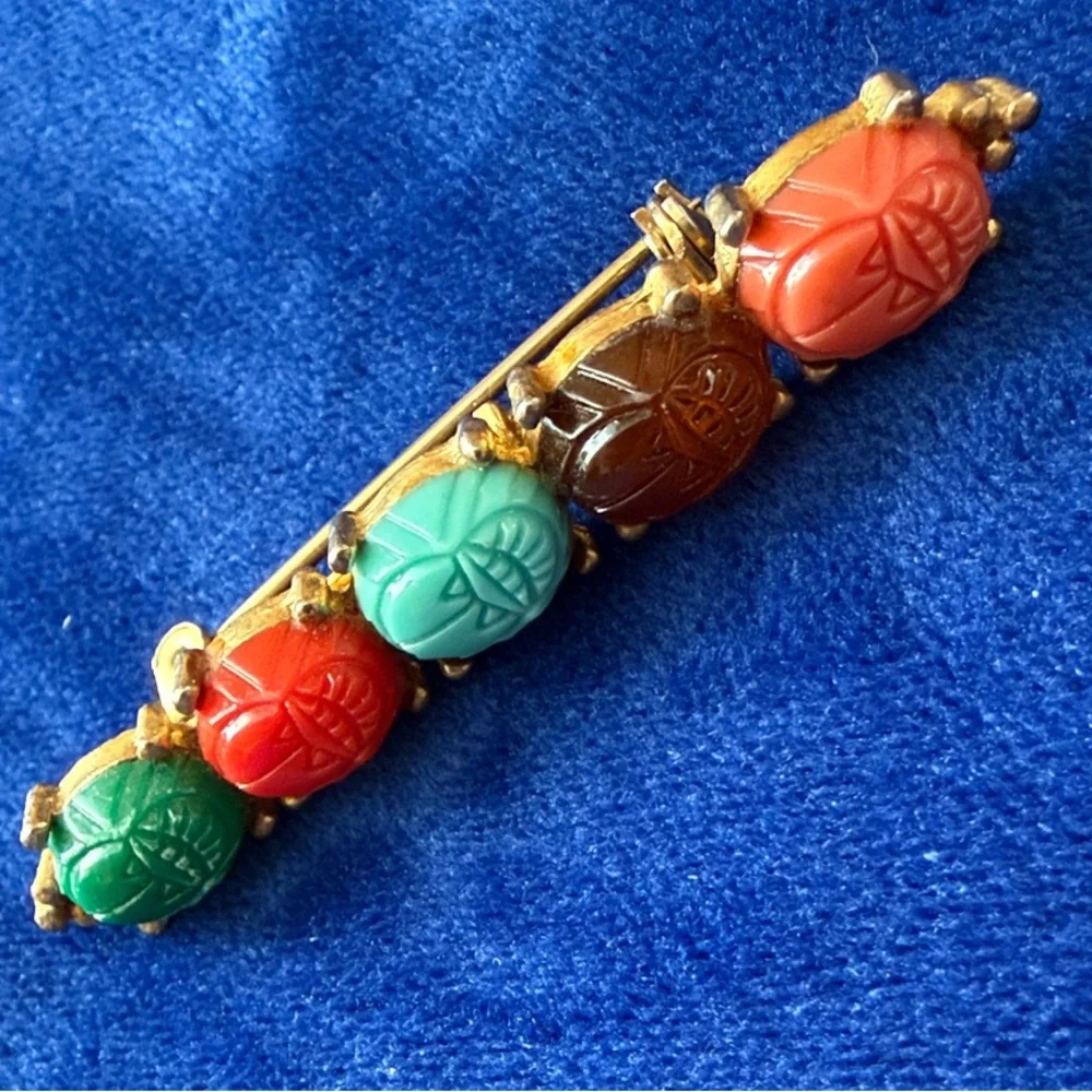 Vintage Scarab Cabochon Bar Pin - Multicolor